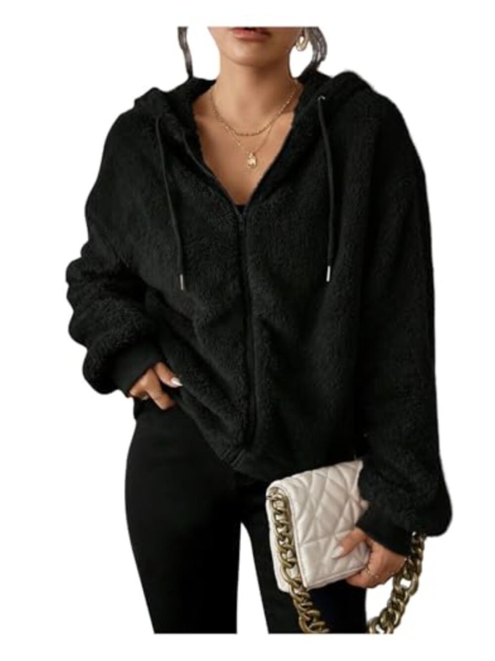 Fuzzy Fleece Zip Up Hoodie Drawstring Long Sleeve Warm Casual